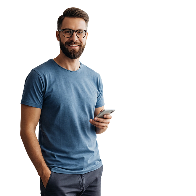 Profissional em home office utilizando o aplicativo SORT no celular para organizar a rotina