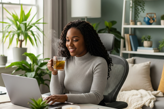 Mulher trabalhando em casa com foco e tranquilidade usando o app SORT