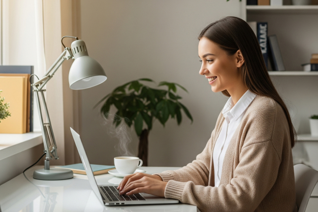 Profissional sorridente gerenciando sua carga horária no computador