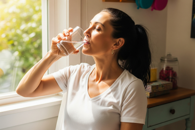 Pausa para hidratação: mulher bebendo água durante o trabalho remoto